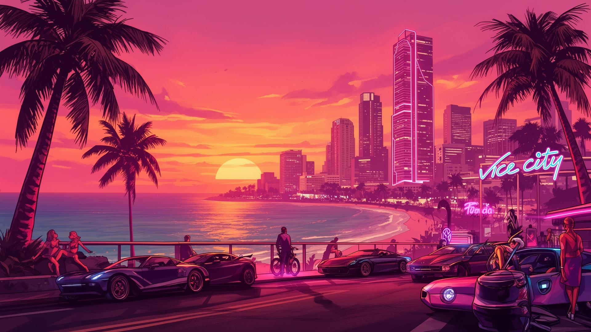 Vue panoramique de Vice City au coucher du soleil — GTA 6